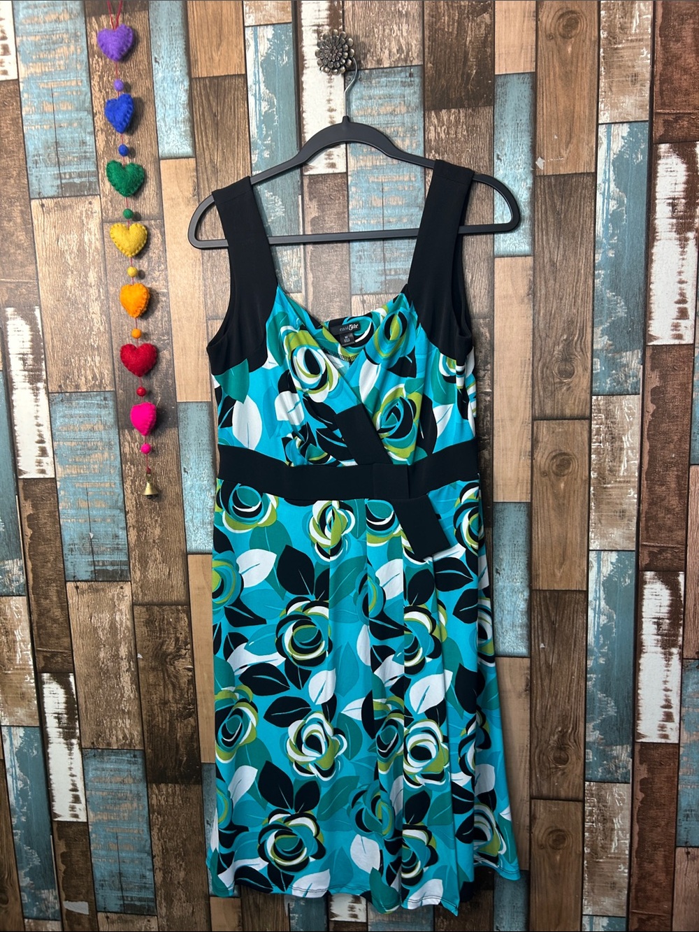 Avenue Teal Floral Midi Dress with Black Bodice and Waistband